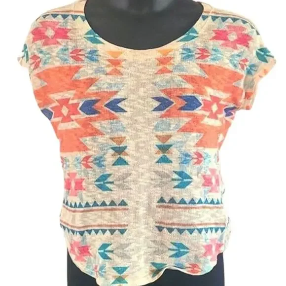 Gaze USA Tribal Print Knit Short Sleeve Top – Size Large – Boho Festival Style - Picture 2 of 6